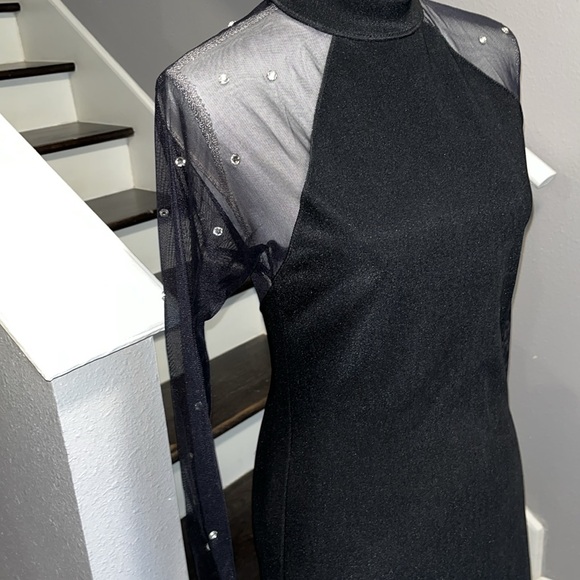 Carabella Black Dress. Sheer sleeves and back with scattered rhinestones. M - Picture 3 of 16
